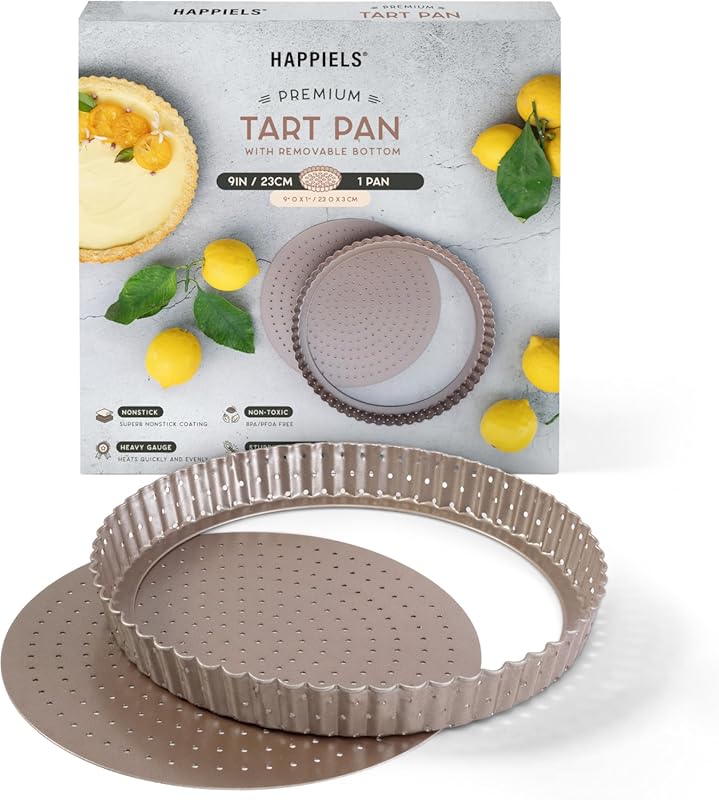 HAPPIELS 9-Inch Nonstick Fluted Tart Pan with Removable Bottom, PFOA/B