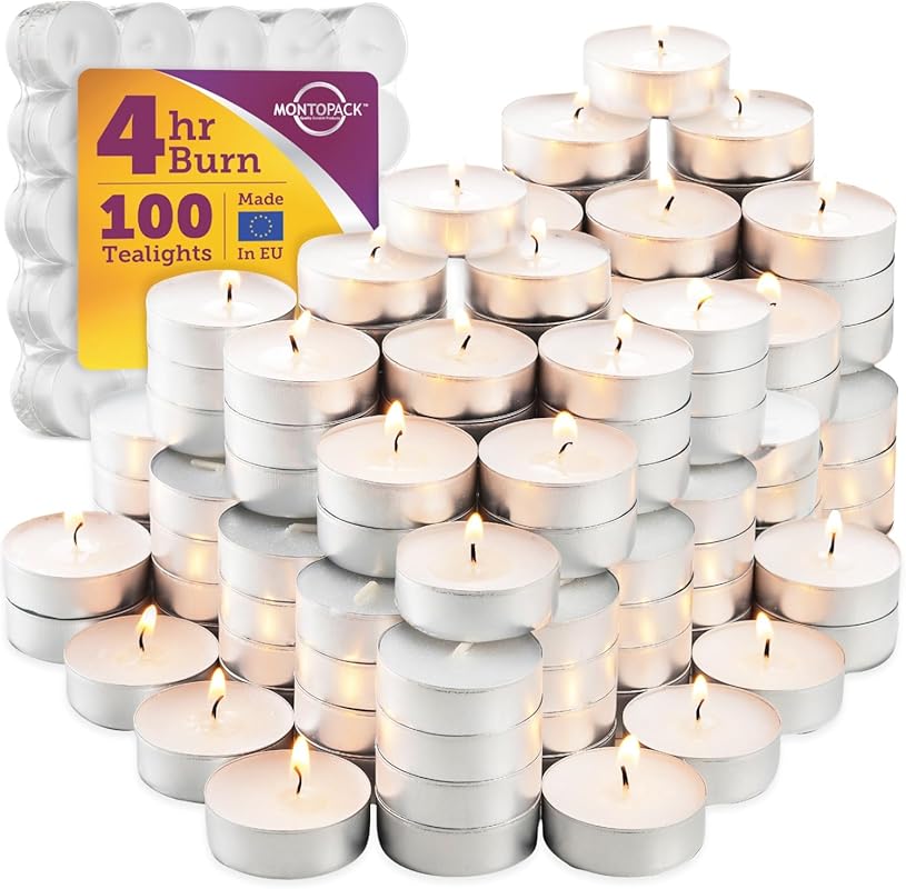 MontoPack Unscented White Tea Light Candles, 100 Pack, 4 Hour Smokeles