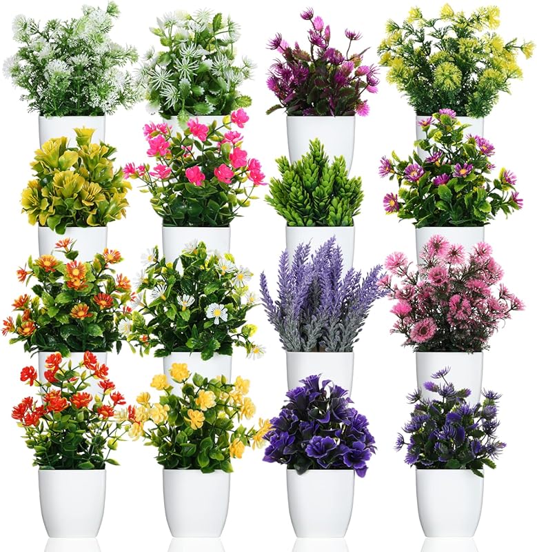 Cindeer 16 Pcs Small Fake Potted Plants, Artificial Mini Plastic Flowe