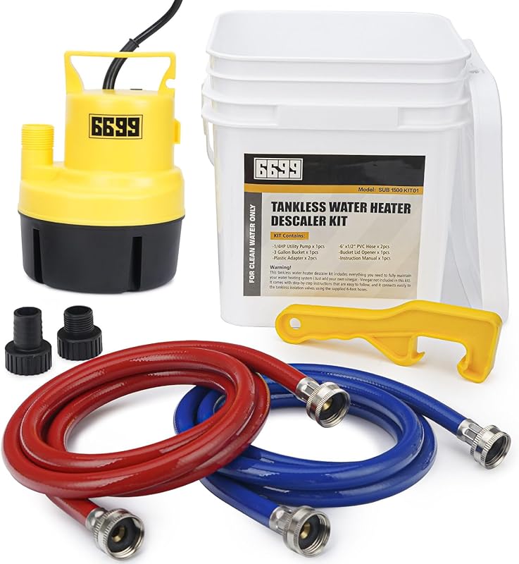 Tankless Water Heater Flushing Kit: 1/4HP Sump Pump, 3 Gallon Pail, Ho