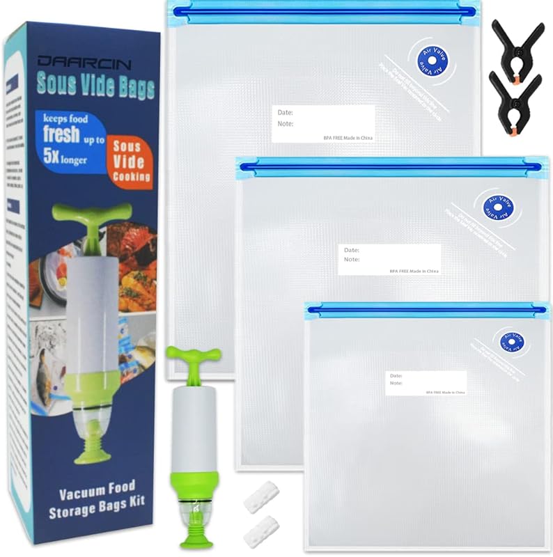 Daarcin 20-Piece Reusable Sous Vide Kit (3 Sizes), Hand Pump, BPA-Free
