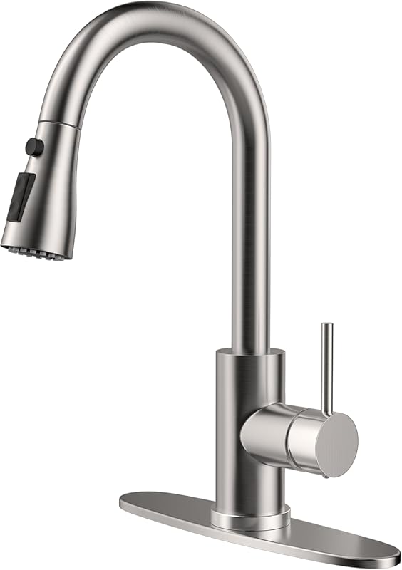 Brushed Nickel Commercial Kitchen Faucet: High Arc Pull-Down Spray, Si