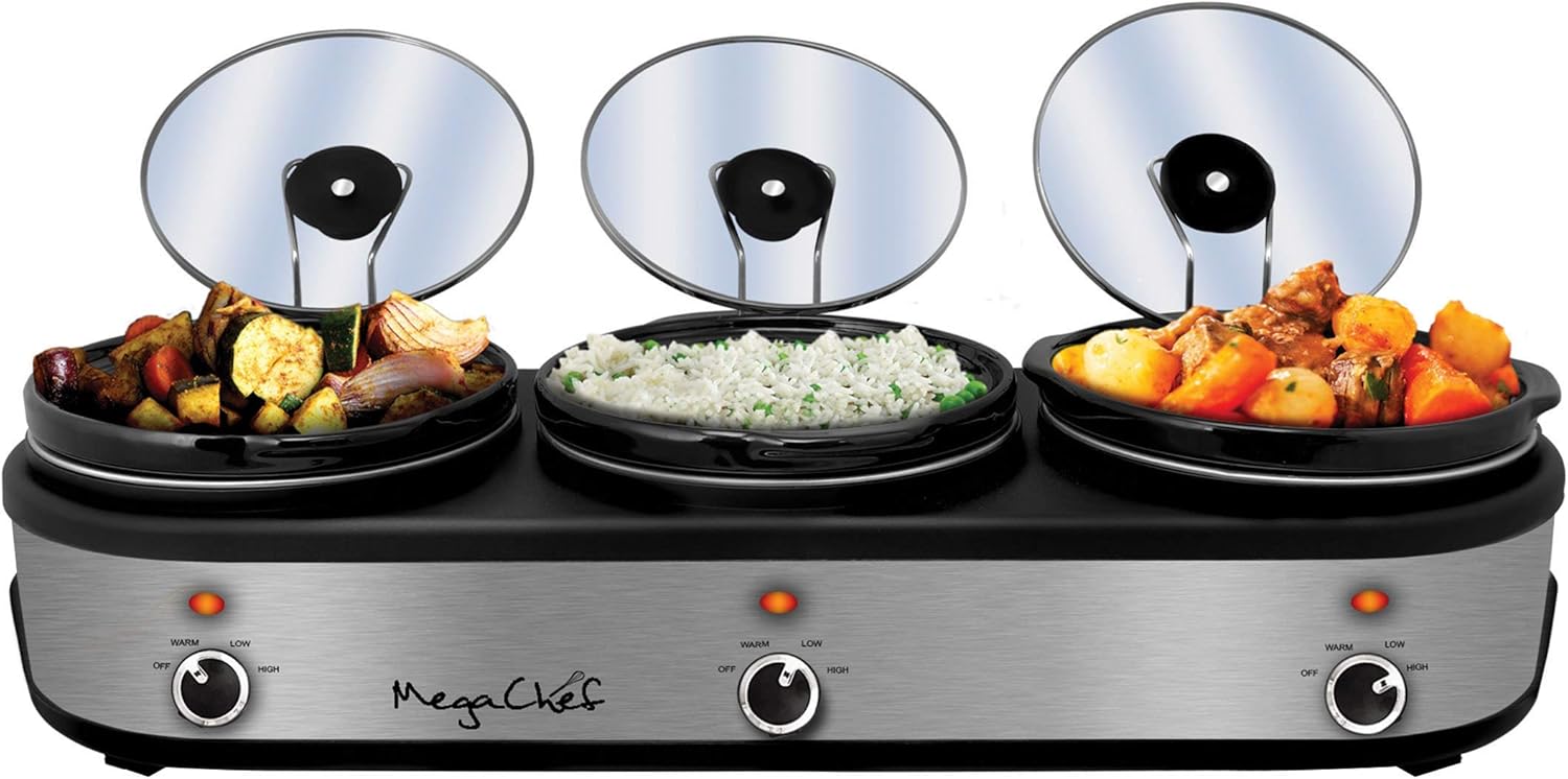 MegaChef Warmer Elite Triple Slow Cooker Buffet Server, 3 x 2.5 Qt Cer