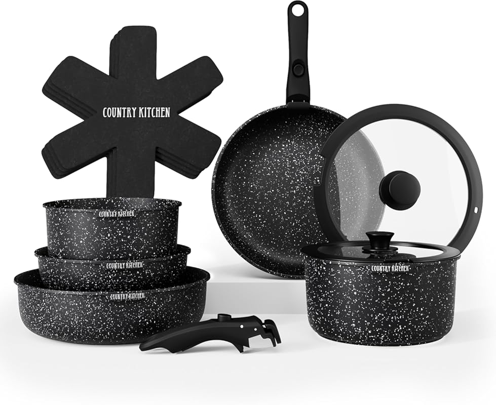 Country Kitchen Original Cookware Set: Black Pots & Pans with Removabl