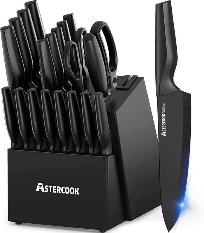 Astercook 21-Piece German Stainless Steel Black Knife Set with Block &