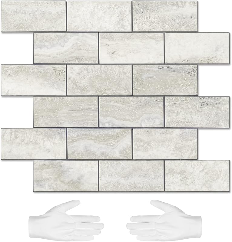 STICKGOO 10-Sheet Cream Subway Tile Backsplash: Beige Stone Texture, 3