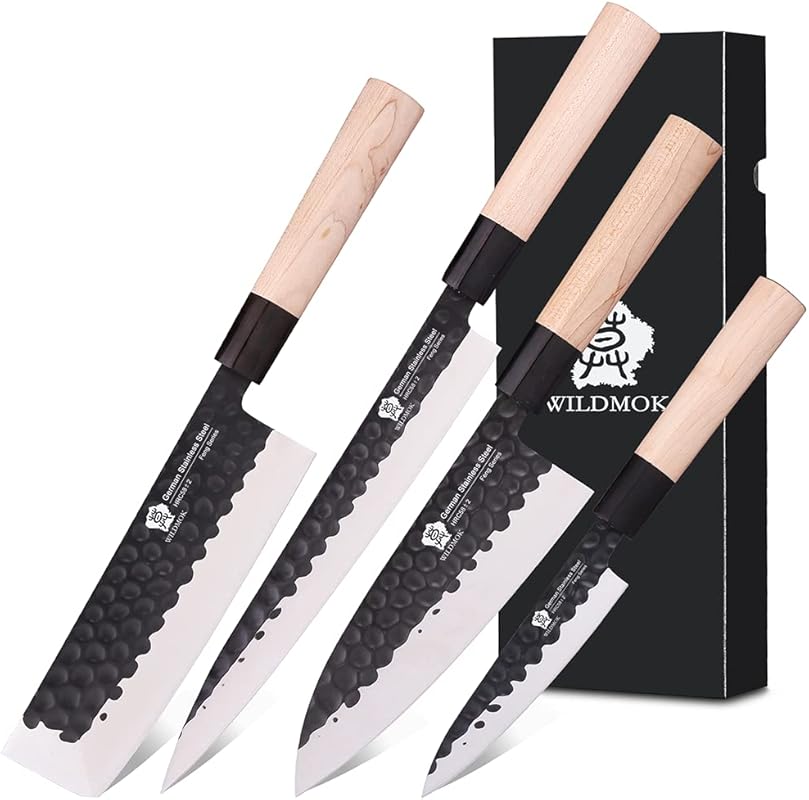 WILDMOK Left Handed 4-Piece German Steel Chef Knife Set: Gyuto, Sashim
