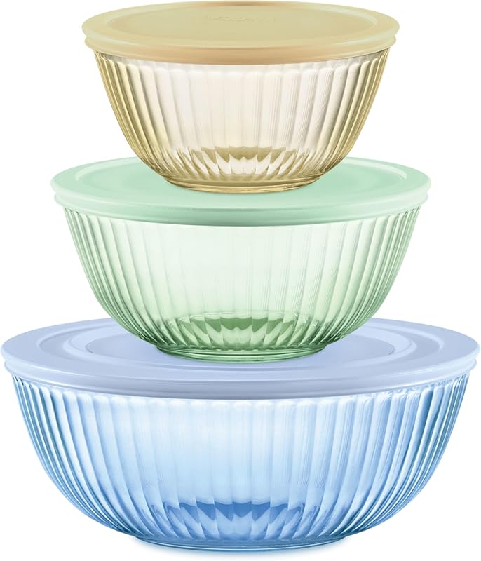 Pyrex Colors Sculpted 3-Pack Tinted Glass Mixing Bowls with Lids for P