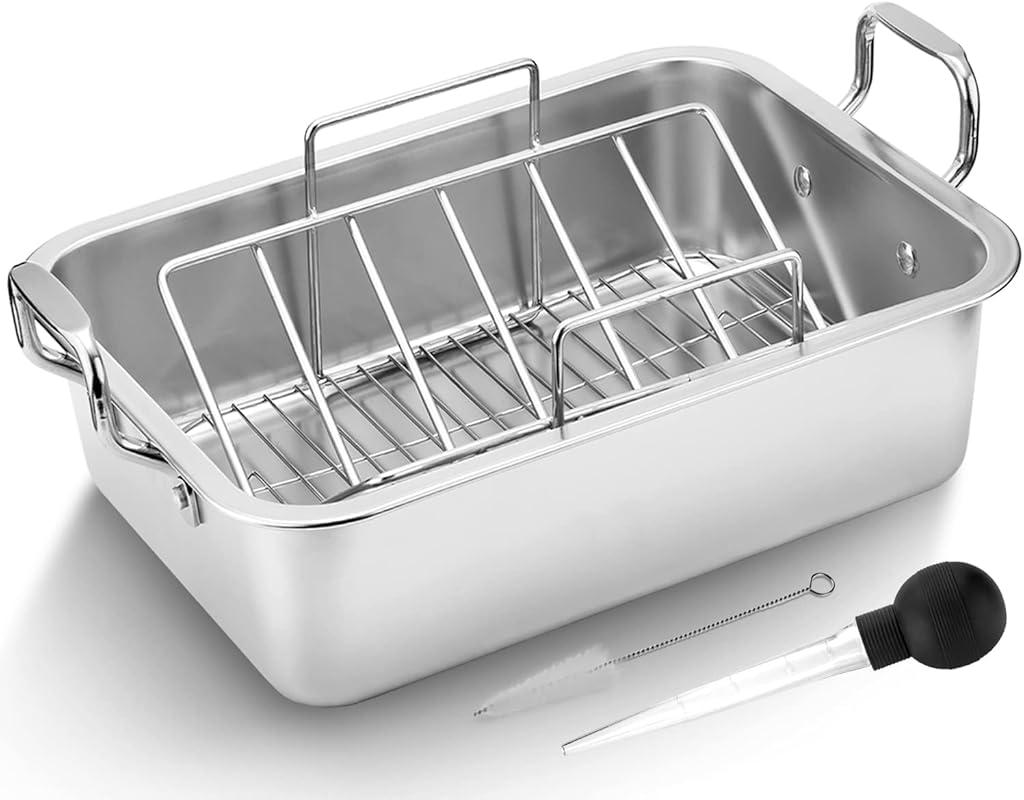 Kendane 15 Inch Stainless Steel Roasting Pan with V-Shaped Rack for Tu