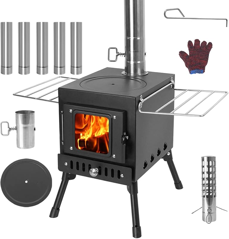 Small Double-Layer Hot Tent Wood Burning Stove with Anti-Spark Chimney