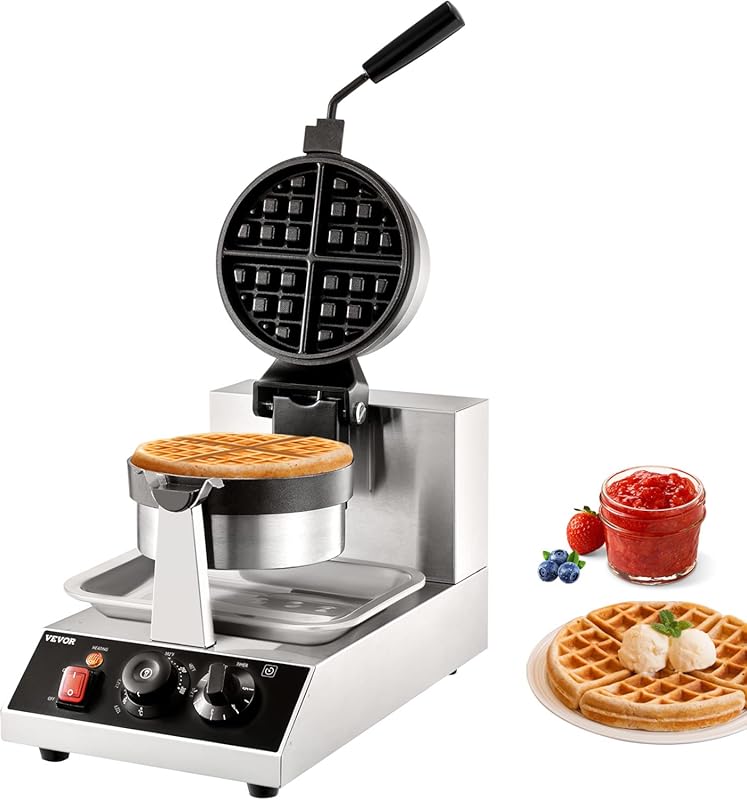 VEVOR Commercial Rotatable Waffle Maker, 1300W Round Non-Stick Stainle