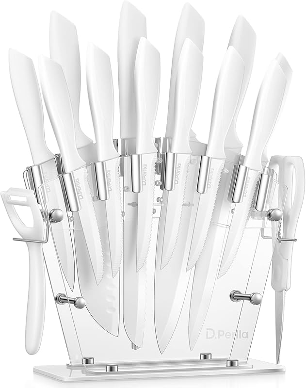 D.Perlla 16-Piece White Kitchen Knife Set with Acrylic Stand, Non-Stic