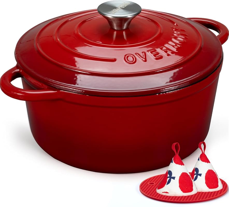 Overmont 5.5QT Enameled Cast Iron Dutch Oven with Lid & Cookbook for V