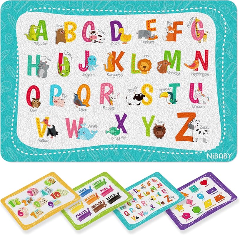 NiBaby Kids Educational Placemats 4 Pack: Non-Slip, Washable, Foldable