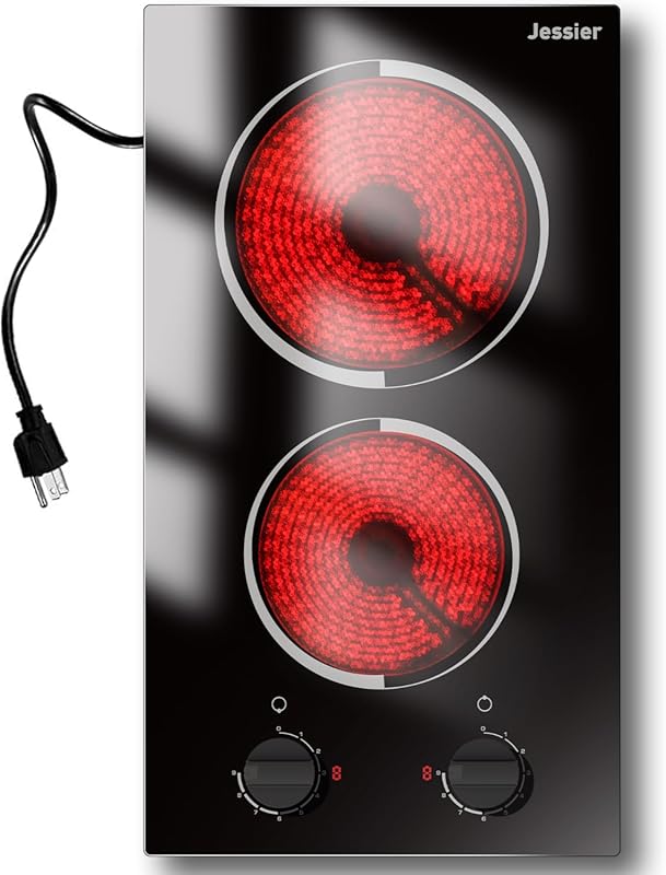 Portable 2 Burner Electric Cooktop 12 Inch, 110V Plug-in Ceramic Stove