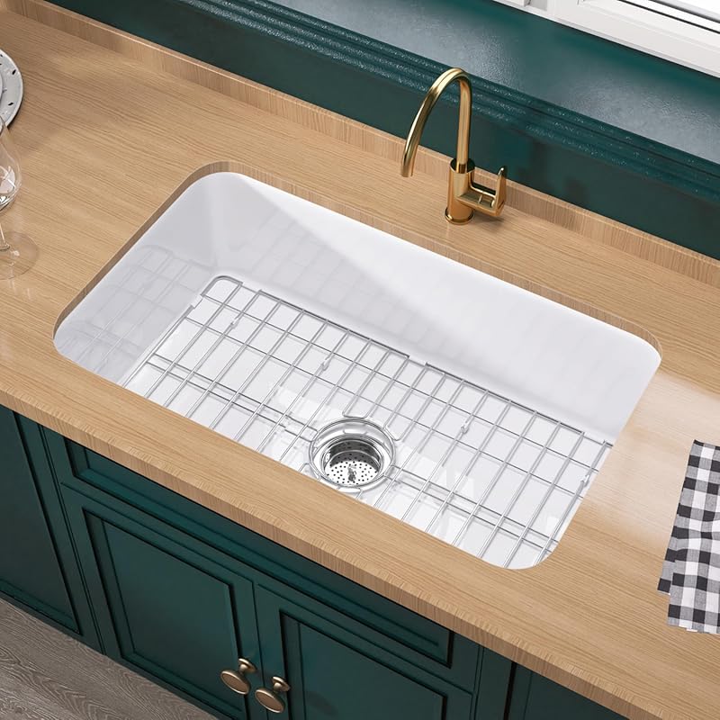 White 32-Inch Fireclay Kitchen Sink, Dual Mount Heavy Duty Deep Single