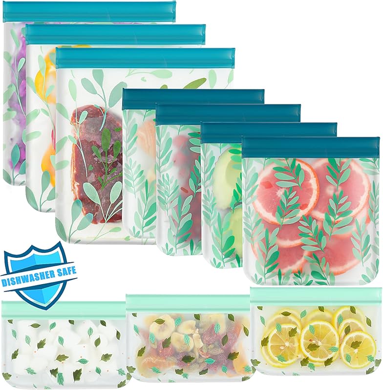 10-Pack Reusable PEVA Food Storage & Freezer Bags: Dishwasher Safe, Le