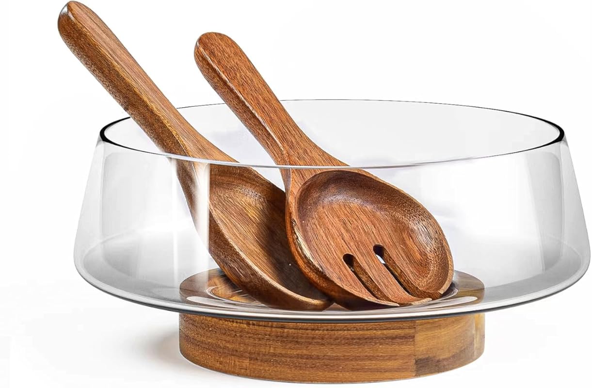 Extra Large Glass Salad Bowl Set with Acacia Wood Base and Serving Ute