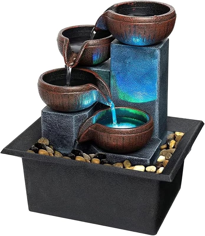 Small Indoor Zen Tabletop Fountain with LED Light & Natural Rocks, 4-L