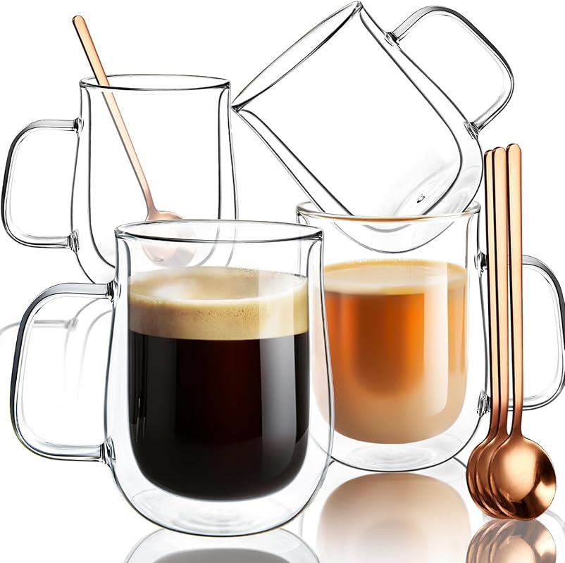 Insulated Double Walled Borosilicate Glass Coffee Mugs 16oz, Set of 4 