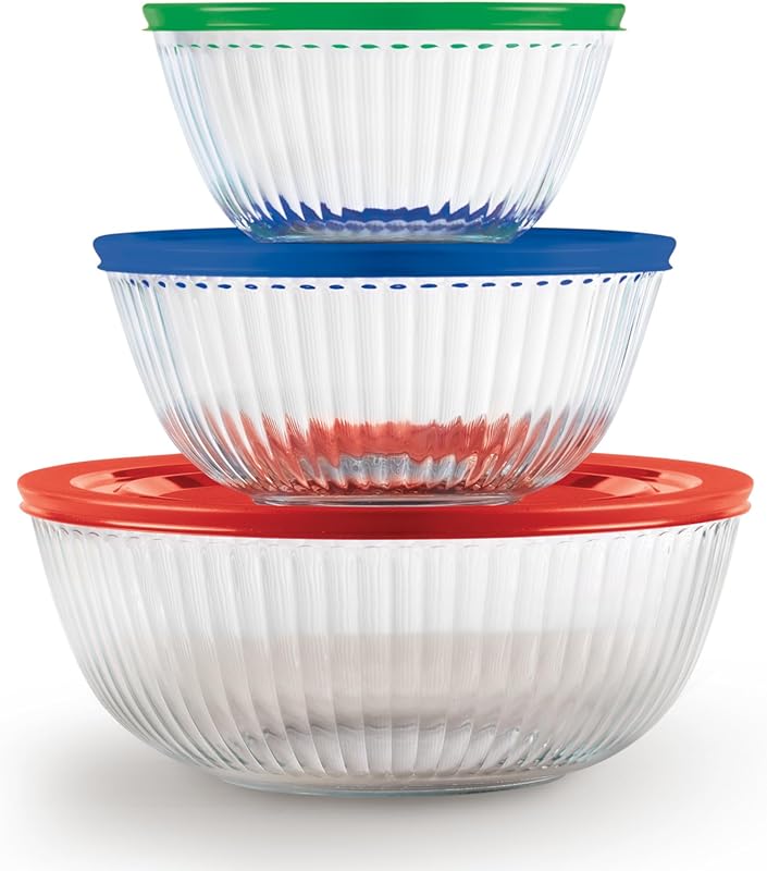 Pyrex Sculpted 3-Pack Glass Mixing Bowls with Lids for Baking, Cooking