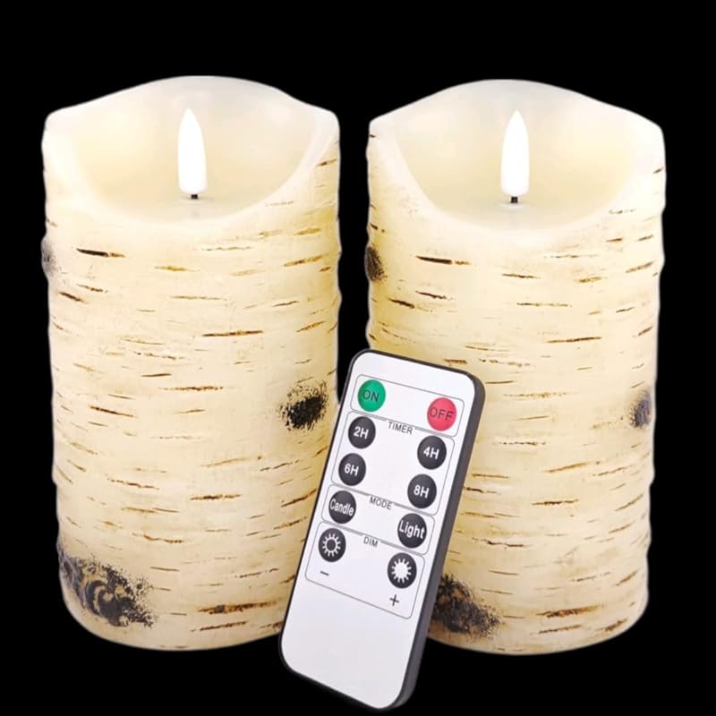Birch Bark Flameless LED Pillar Candles, Ivory Real Wax, Battery Opera