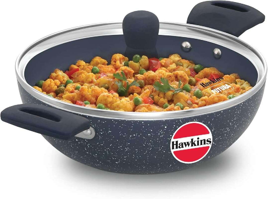 HAWKINS Ceramic Nonstick 2.5 Litre Deep Kadhai (ICK25G) with Glass Lid