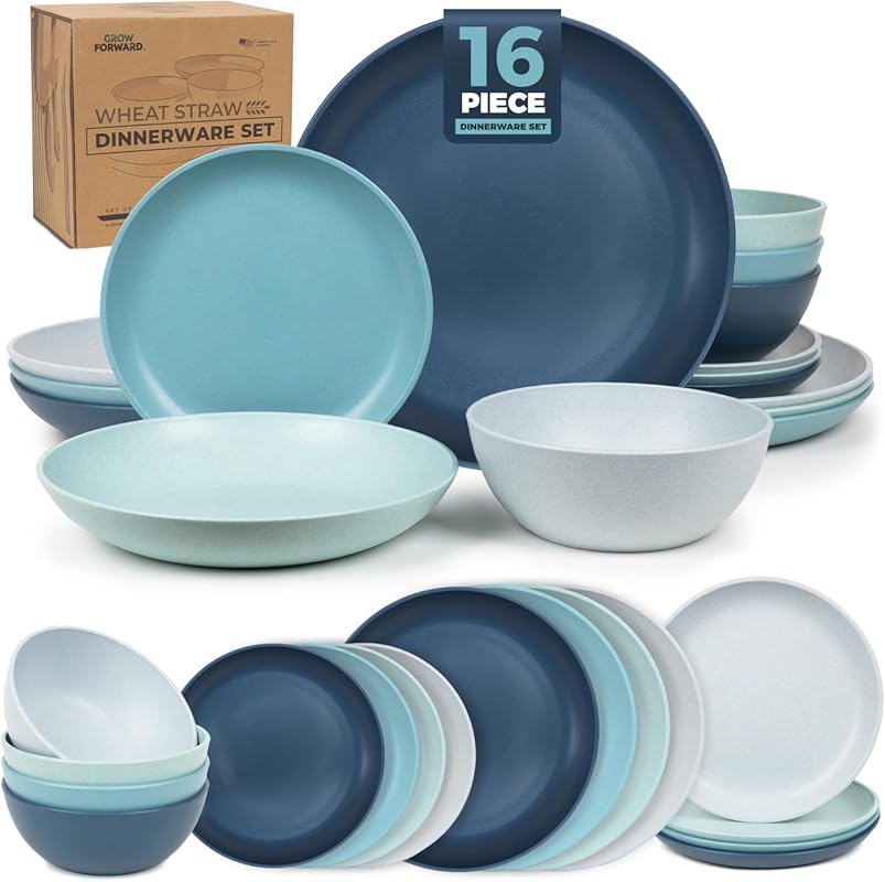 Grow Forward 16-Piece Wheat Straw Dinnerware Set for 4, Unbreakable Pl
