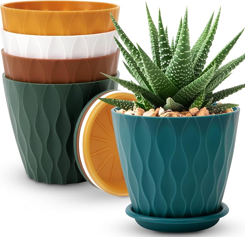 Multicolor 6 Inch Plant Pots (5-Pack) with Drainage Holes & Saucers fo