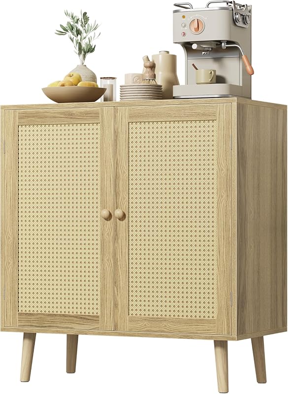 Huuger Buffet Cabinet with PE Rattan Decor Doors, Accent Sideboard Sto