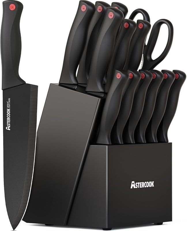 Astercook 15-Piece German Stainless Steel Knife Set with Block & Built