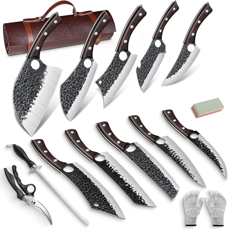 Hand Forged High Carbon Steel Serbian Chef Butcher Knife Set with Knif