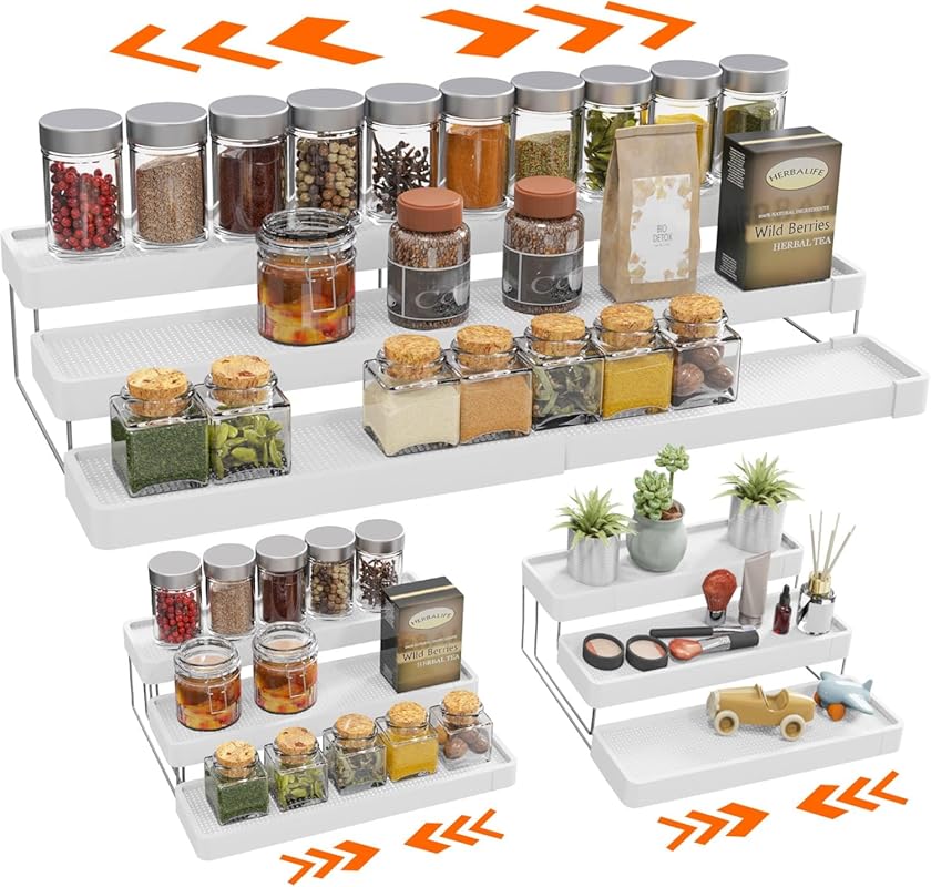 White Expandable 3-Tier Adjustable Spice Rack Organizer for Cabinet, C