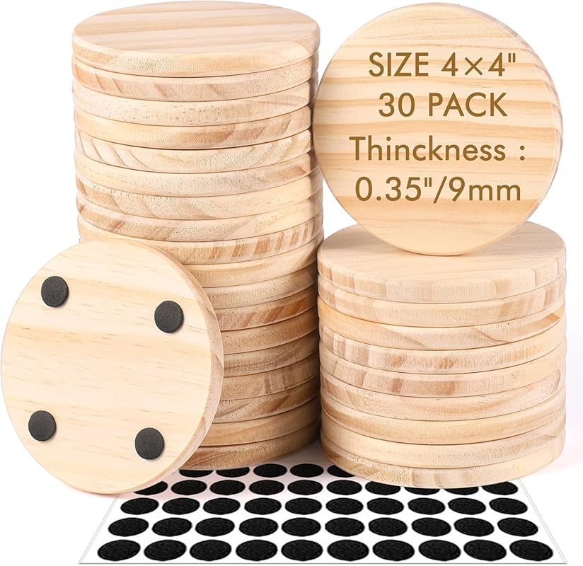 30 Pcs Unfinished Round Wood Coasters, 4-Inch Blank for DIY Crafts, En