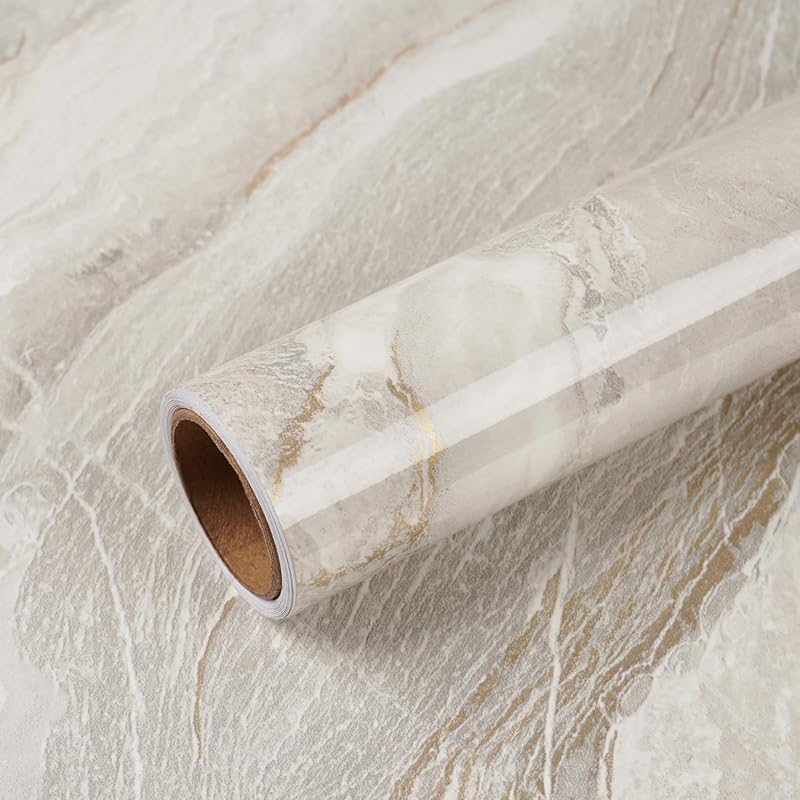 VEELIKE 15.7x118 Beige Gold Liquid Marble Contact Paper, Waterproof Pe