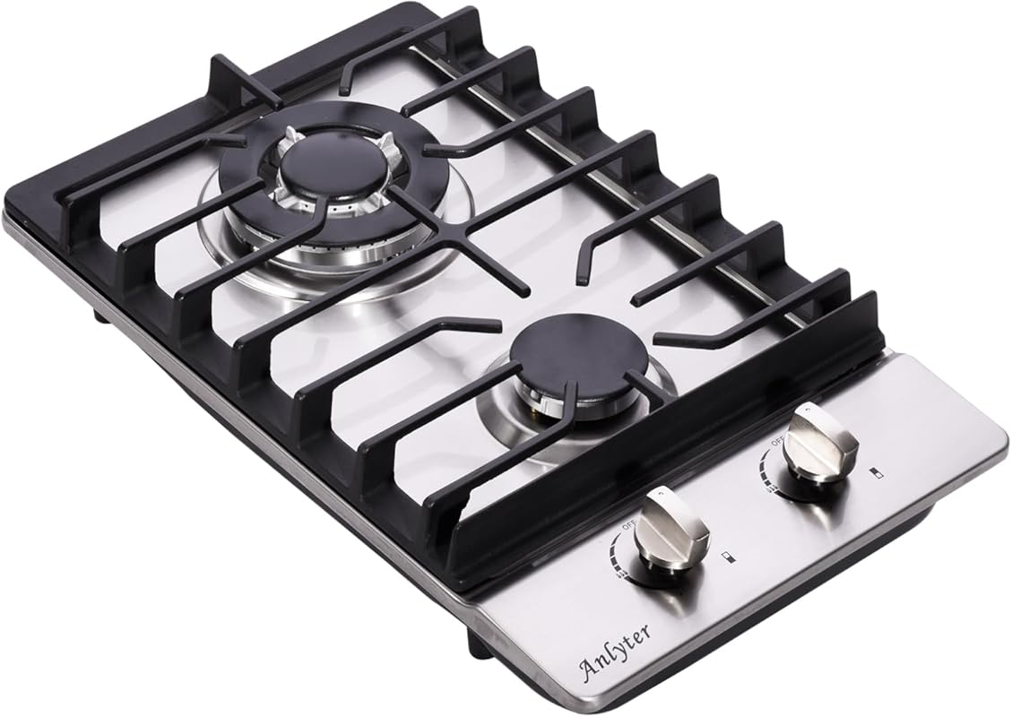 12 Inch 2 Burner Built-in Gas Cooktop, Stainless Steel Propane/NG Dual