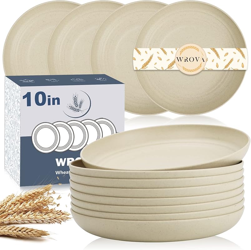 Wrova 8-Piece Wheat Straw Dinner Plates: Unbreakable, 10-Inch, Dishwas