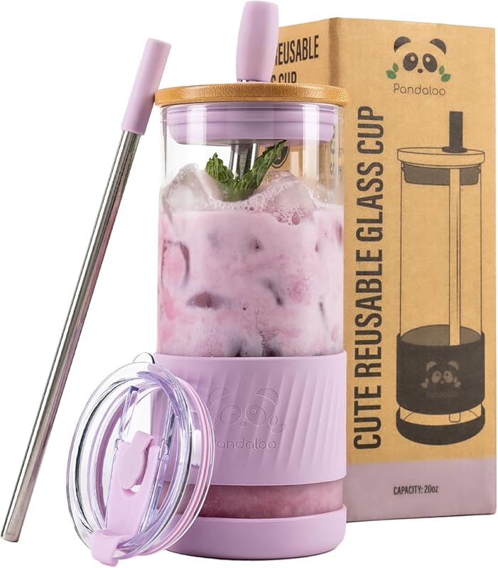 Pandaloo 20oz Glass Tumbler with Bamboo & On-the-Go Lids, Straws for I
