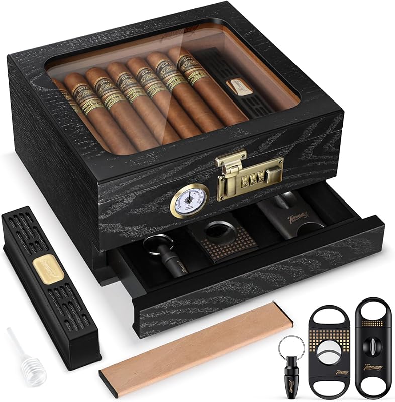 Cedar Wood Glass Top Desktop Cigar Humidor with Front Hygrometer, Humi