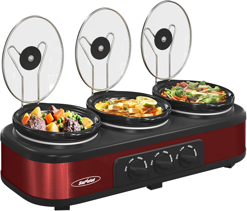 Sunvivi Triple Slow Cooker Buffet Server, 3 x 1.5 Qt, Adjustable Temp,