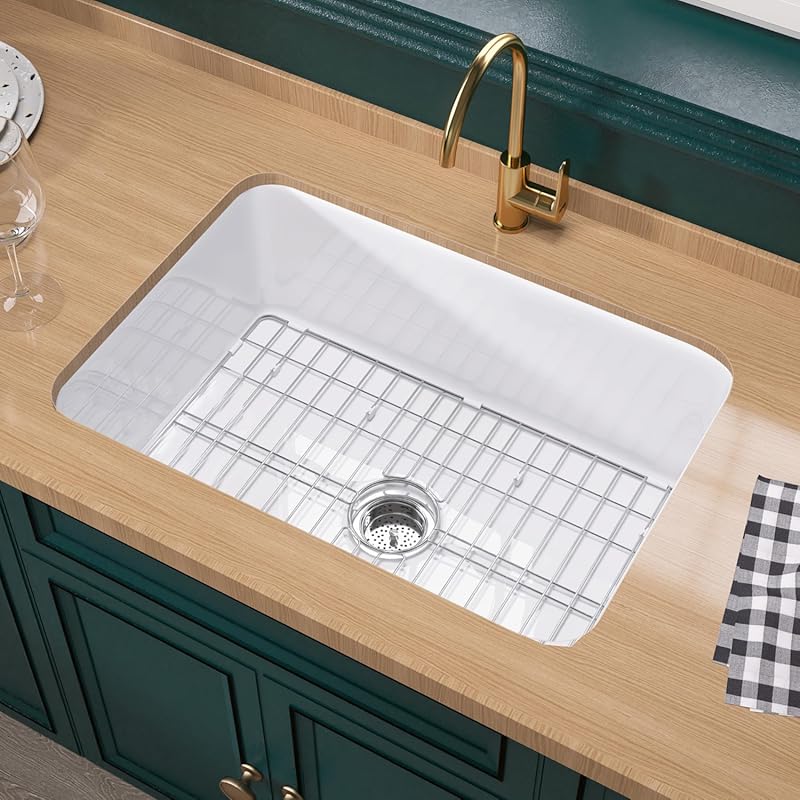 27 Inch White Fireclay Dual Mount Deep Single Bowl Kitchen Sink with 2