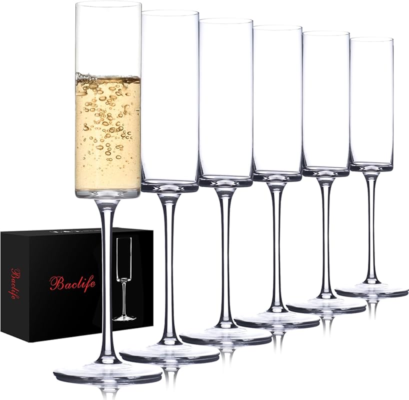 BACLIFE Crystal Champagne Flutes, Hand Blown Long Stem 6.5 oz Set of 6
