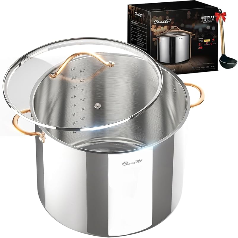 20 Quart 3-Ply Stainless Steel Stock Pot with Lid, Copper Handle, Indu