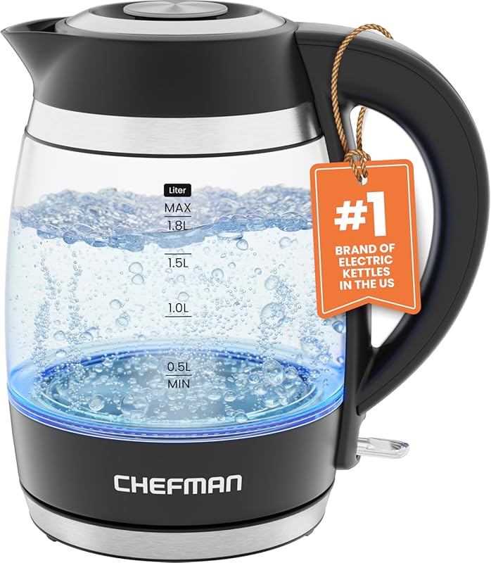 Chefman 1.8L Glass Electric Tea Kettle: 1500W, Removable Lid, Auto Shu