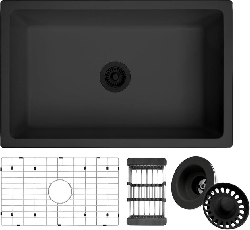 Matte Black Granite Composite Kitchen Sink, 30-inch Undermount Single