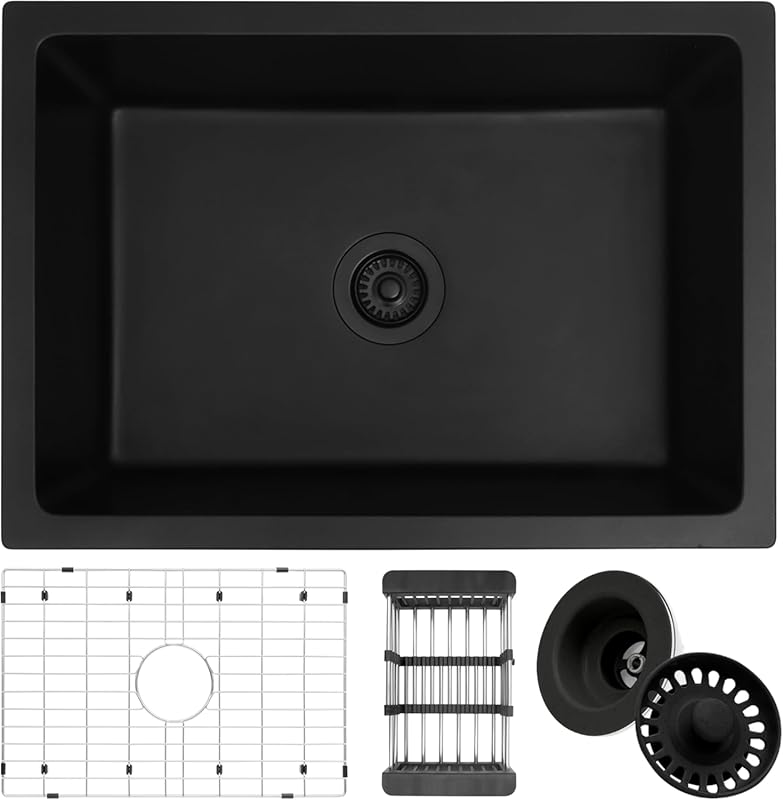 Matte Black Granite Composite Kitchen Sink, 27-inch Undermount Single