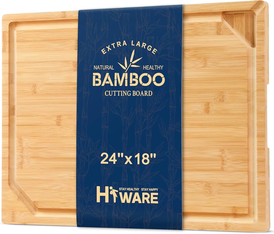Extra Large Bamboo Butcher Block 24x18 with Handle & Juice Groove, Hea
