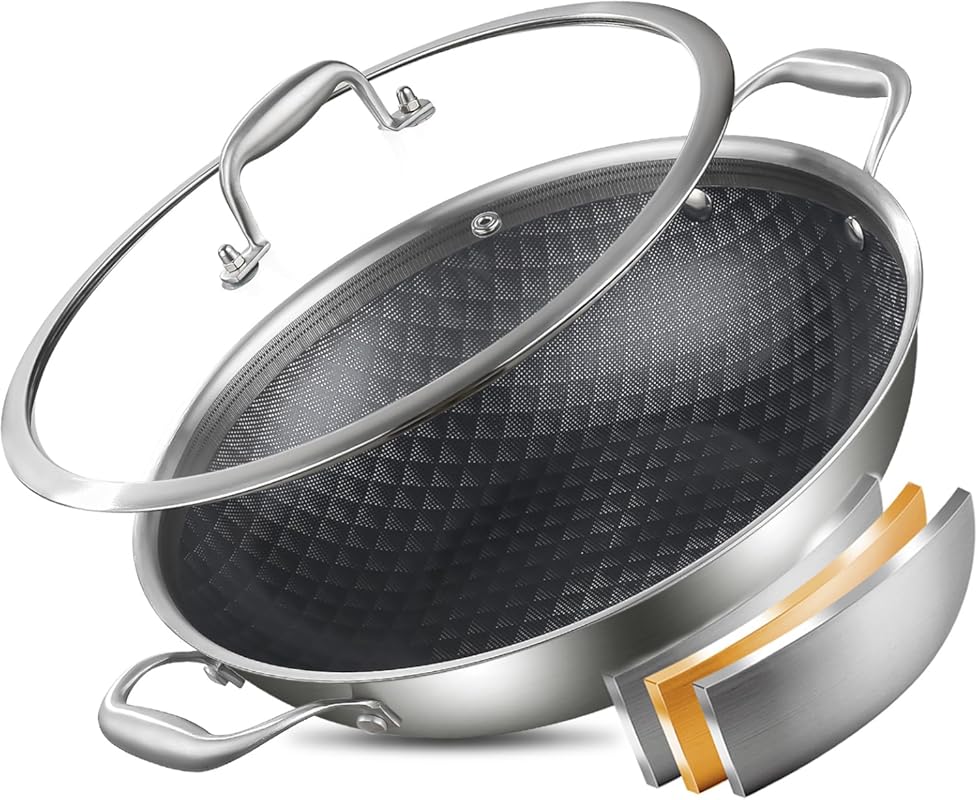DELARLO 12 Inch Tri-Ply Stainless Steel Nonstick Wok Pan with Lid, 5QT