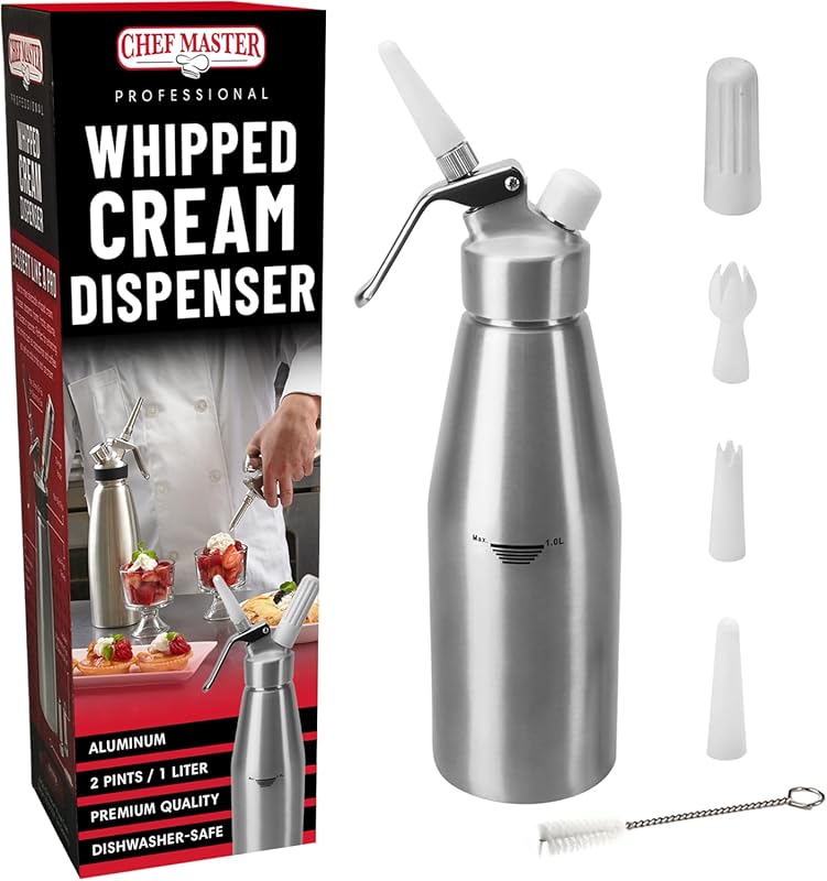 Chef Master 90077 Aluminum Whipped Cream Dispenser, 1 Liter with Decor