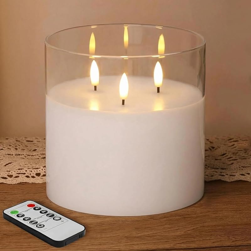 Eywamage Large 3 Wick Clear Glass Flameless LED Pillar Candle with Rem